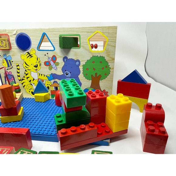 Toy Chest Wooden Alphabet Lego Top + 57 Misc. Pieces 14x7x8  .01:S1418 - Picture 10 of 12